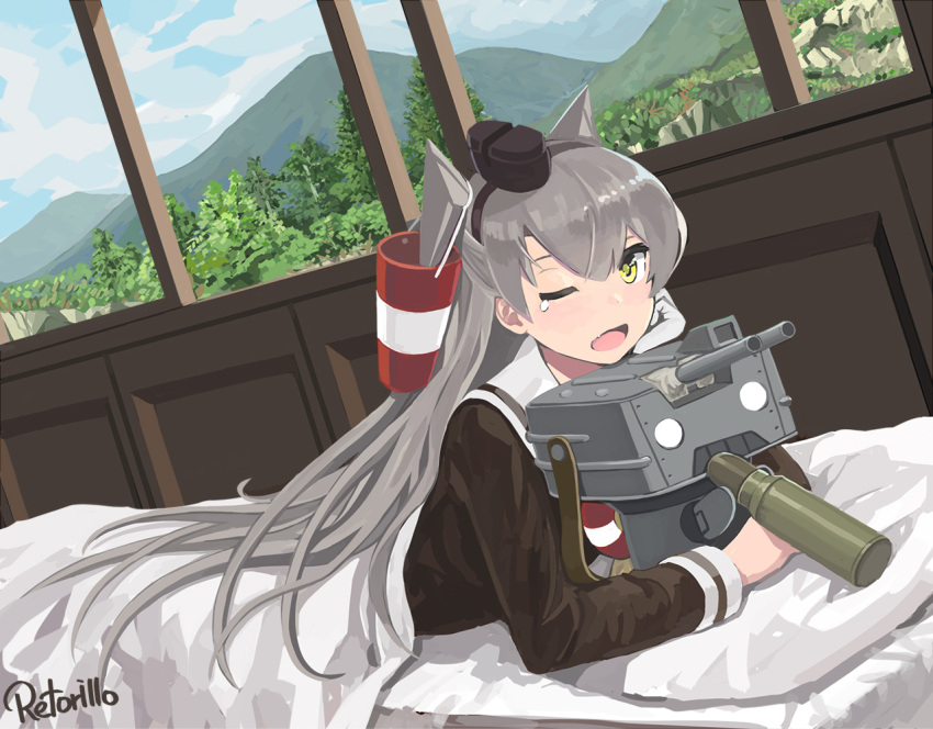 1girl amatsukaze_(kantai_collection) artist_name blanket hair_tubes kantai_collection long_hair looking_at_viewer lying mountain on_bed on_stomach one_eye_closed open_mouth plant rensouhou-kun retorillo shell_casing silver_hair two_side_up white_eyes window yellow_eyes