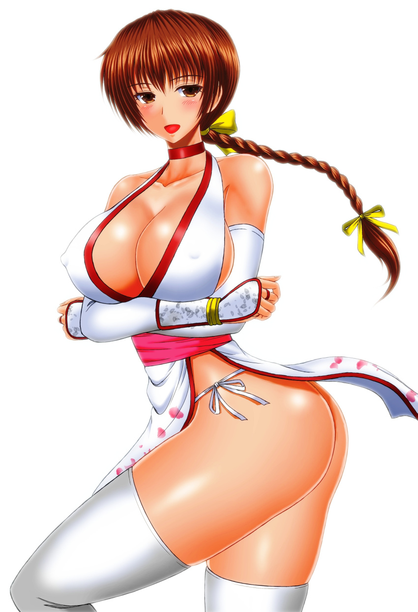 1girl :d absurdres armor ass bare_shoulders blush bow braid breast_hold breasts brown_eyes brown_hair choker cleavage collarbone cowboy_shot dead_or_alive detached_sleeves from_side hair_bow highres hip_bones japanese_armor japanese_clothes kasumi_(doa) kirishima_goro_(55541) kote large_breasts long_hair looking_at_viewer looking_to_the_side no_panties open_mouth sash single_braid smile solo thick_thighs thigh-highs thighs white_background white_legwear yellow_bow