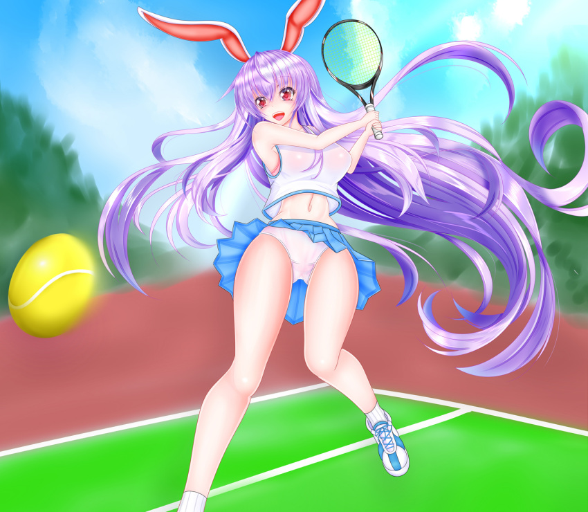 1girl :d alternate_costume animal_ears armpits ball bare_arms bare_shoulders blue_skirt blush day field floating_hair highres kou_(inaba) long_hair looking_away navel open_mouth panties pantyshot pantyshot_(standing) purple_hair rabbit_ears racket red_eyes reisen_udongein_inaba shoes skirt sleeveless smile sneakers solo sportswear standing stomach tennis_ball tennis_racket tennis_uniform touhou underwear very_long_hair white_panties