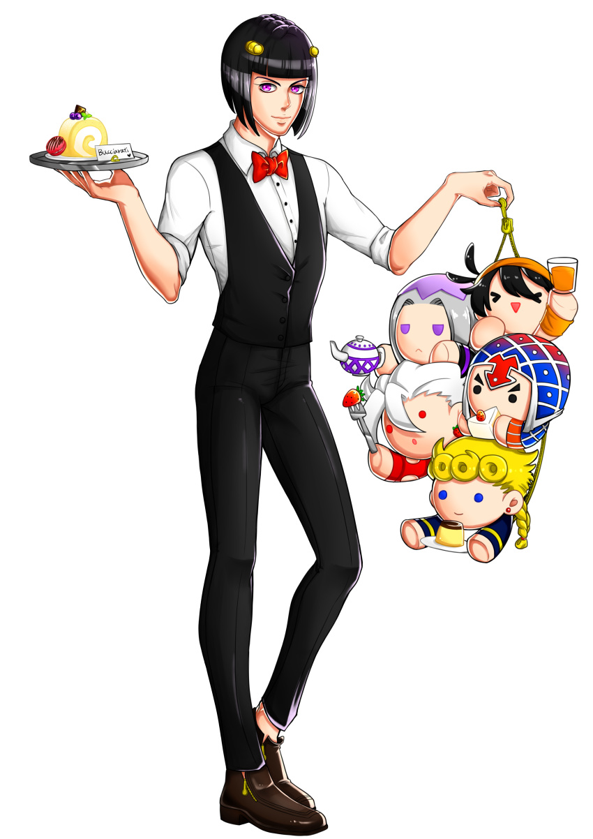 &gt;_&lt; 6+boys :&lt; :o absurdres black_hair blonde_hair blue_eyes bob_cut bow bowtie braid bruno_buccellati cake chibi closed_eyes earrings food food_themed_earrings fork fruit giorno_giovanna glass grey_hair guido_mista hair_ornament hair_tie hairclip hat heart highres jeff_man jewelry jojo_no_kimyou_na_bouken leone_abbacchio macaron multiple_boys narancia_ghirga orange_juice pannacotta_fugo plate pudding red_eyes single_braid smile strawberry strawberry_earrings teapot tray vest violet_eyes white_hair wristband zipper