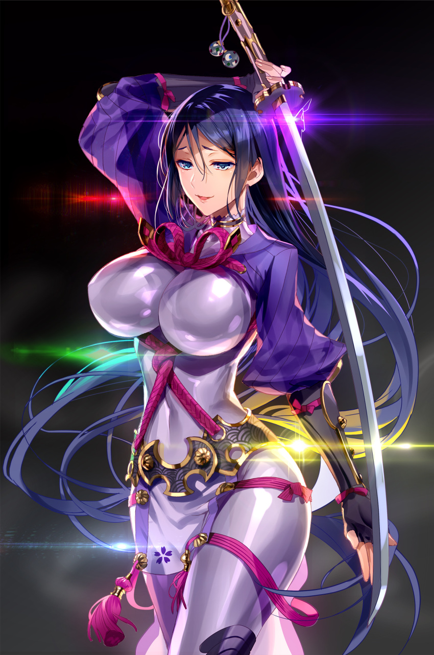 1girl absurdres breasts cowboy_shot diffraction_spikes fate/grand_order fate_(series) fingerless_gloves gloves hair_between_eyes highres japanese_clothes katana large_breasts long_hair looking_at_viewer minamoto_no_yorimitsu_(fate/grand_order) murakami_yuichi parted_lips purple_hair revision smile solo sword very_long_hair violet_eyes weapon