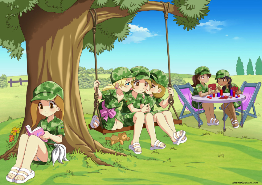 6girls baseball_cap blue_eyes book brown_eyes camouflage card_game_poker cheating dress hypnotism kissing licking long_hair original_character ponytail reading sandals short_hair