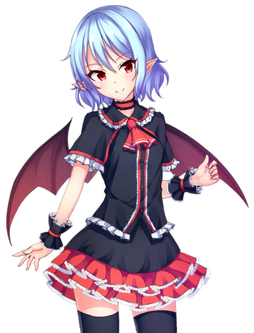 1girl ascot bat_wings black_legwear blue_hair choker frilled_skirt frills highres junior27016 no_hat no_headwear pointy_ears red_eyes red_skirt remilia_scarlet short_hair simple_background skirt smile solo thigh-highs touhou white_background wings wrist_cuffs zettai_ryouiki