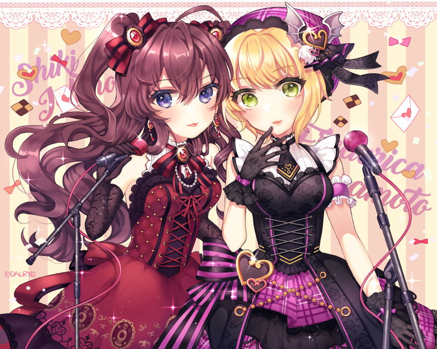 2girls ahoge bare_shoulders black_gloves blonde_hair blue_eyes bow brown_hair character_name commentary_request dalrye elbow_gloves eyebrows eyebrows_visible_through_hair finger_to_mouth gloves green_eyes hair_between_eyes hair_bow hair_ornament hat highres ichinose_shiki idolmaster idolmaster_cinderella_girls long_hair looking_at_viewer microphone miyamoto_frederica multiple_girls short_hair upper_body