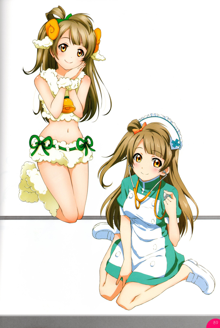 1girl absurdres animal_costume animal_ears bell bow brown_eyes brown_hair hair_bow hat highres horns long_hair looking_at_viewer love_live! love_live!_school_idol_festival love_live!_school_idol_project midriff minami_kotori nurse_cap scan sheep_costume sheep_ears sheep_horns shoes short_sleeves simple_background sitting stethoscope white_background