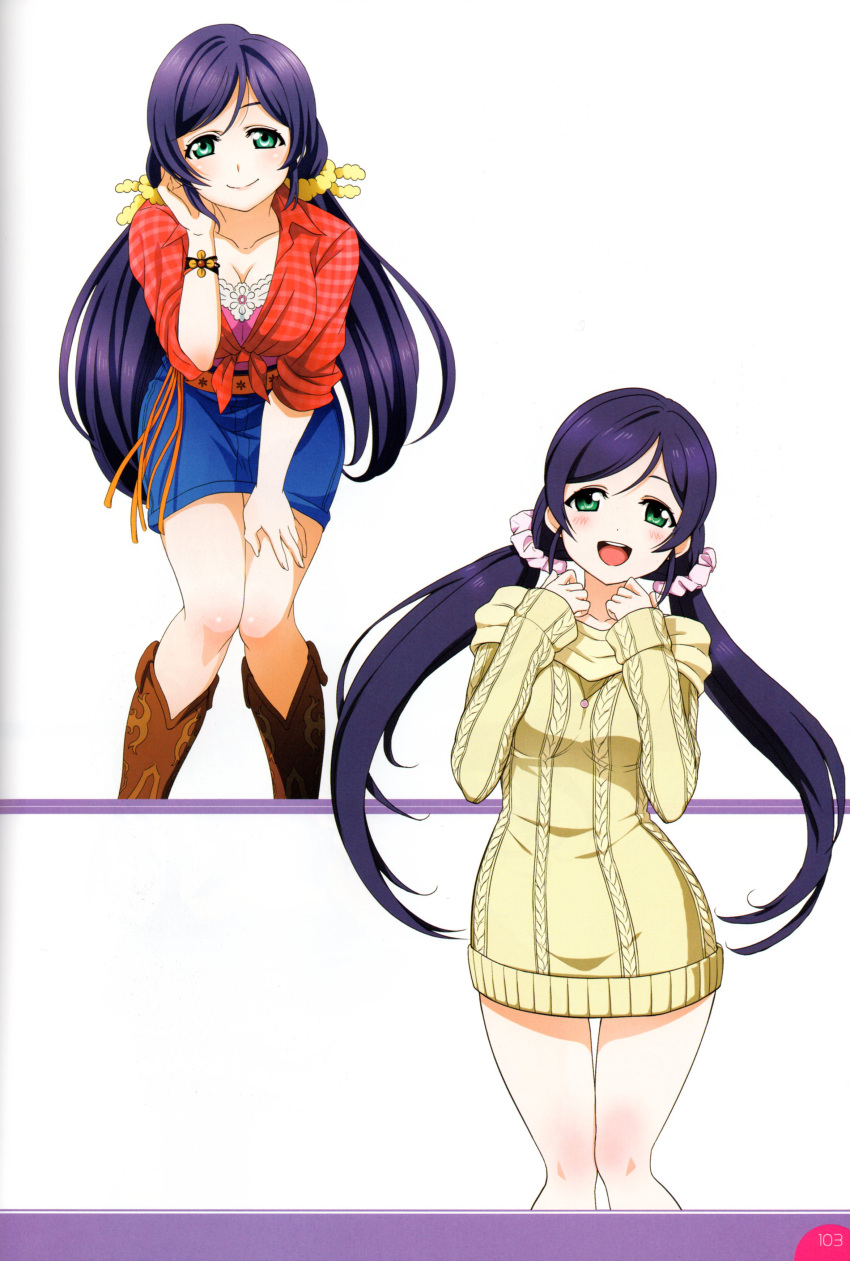 1girl absurdres blush boots dress green_eyes highres knee_boots leaning_forward long_hair love_live! love_live!_school_idol_festival love_live!_school_idol_project open_mouth purple_hair scan simple_background skirt smile sweater sweater_dress toujou_nozomi white_background