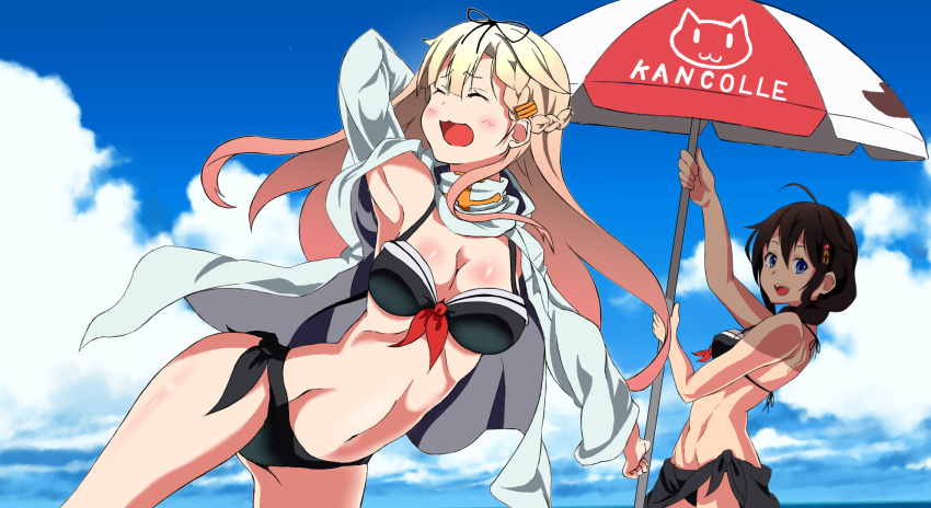 2girls :3 ^_^ ahoge arm_behind_head arm_up armpits beach_umbrella bikini black_bikini blonde_hair blue_eyes blurry blush body_blush braid breasts brown_hair cleavage clenched_hand closed_eyes clouds copyright_name day depth_of_field groin hair_ornament hair_over_shoulder halterneck highres holding holding_umbrella jacket kantai_collection long_hair long_sleeves medium_breasts multiple_girls navel open_clothes open_jacket outdoors outstretched_arm sarong shade shigure_(kantai_collection) shiny shiny_skin sky swimsuit umbrella warabe_(waraghi) water waves yuudachi_(kantai_collection) |_|
