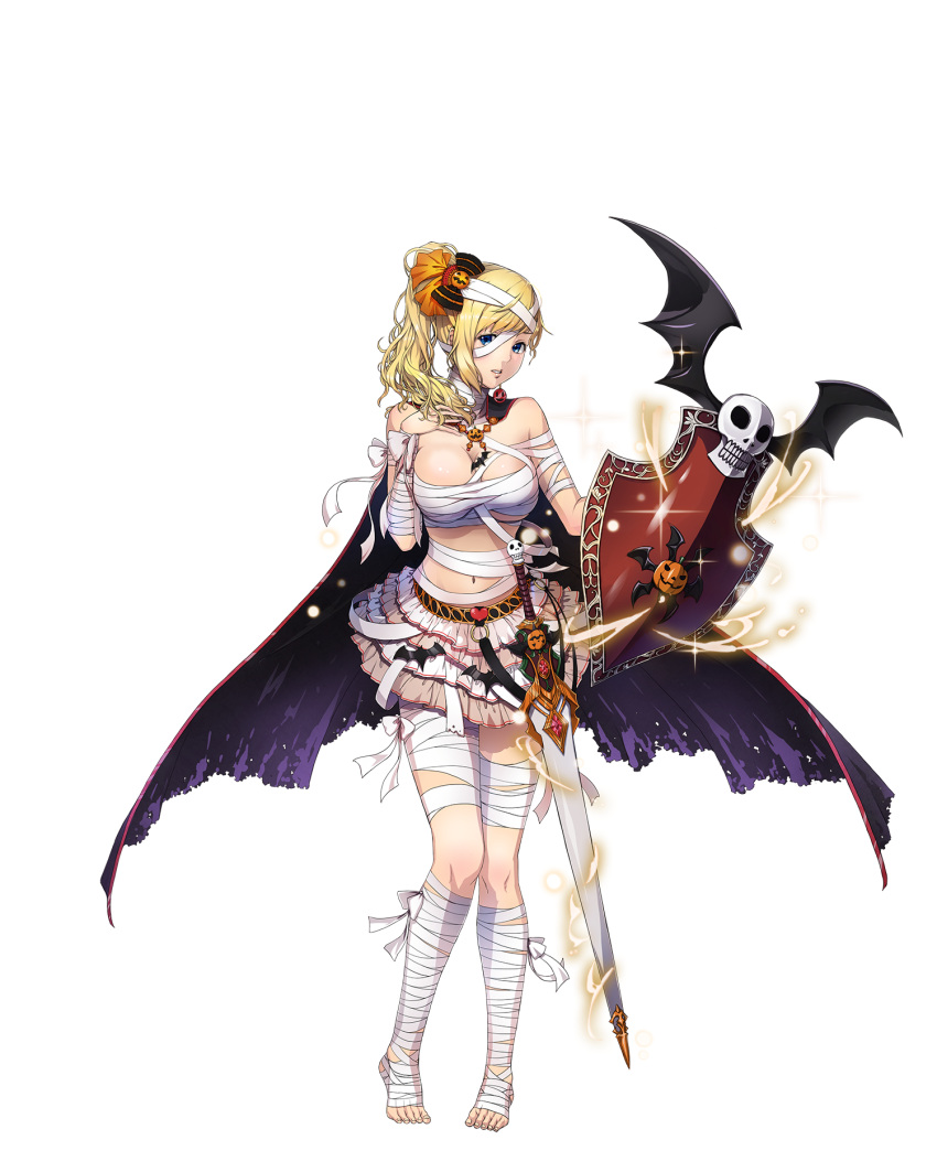 artist_request bandaged_head bandages bat bat_wings blonde_hair blue_eyes bow cape character_request copyright_request hair_bow halloween highres holding holding_weapon jack-o'-lantern long_hair looking_at_viewer navel parted_lips shield side_ponytail skirt skull sword toes transparent_background weapon wings