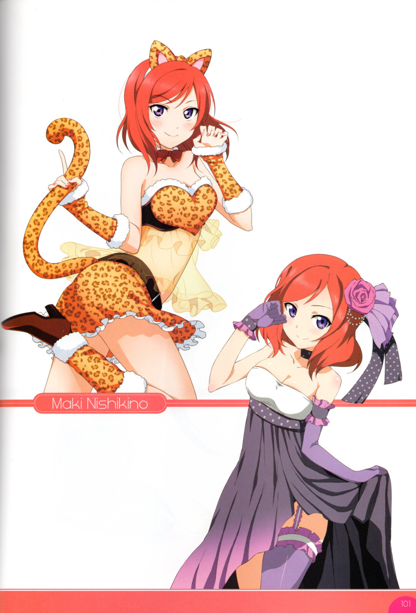 1girl absurdres animal_ears bare_shoulders blush boots bow breasts choker cleavage collar dress elbow_gloves flower fur_trim gloves hair_flower hair_ornament highres leopard_print looking_at_viewer love_live! love_live!_school_idol_festival love_live!_school_idol_project midriff nishikino_maki redhead scan see-through short_hair simple_background skirt tail violet_eyes