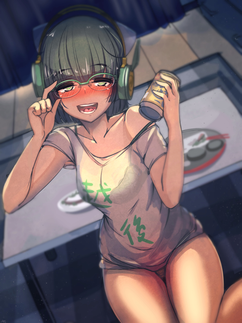 1girl :d absurdres adjusting_glasses alcohol at2. bare_arms bare_legs bare_shoulders beer_can bespectacled blurry blush bra breasts chopsticks clothes_writing collarbone depth_of_field drunk eyebrows eyebrows_visible_through_hair food from_above glasses green-framed_eyewear green_eyes green_hair headphones highres holding_can indoors kyomachi_seika looking_at_viewer medium_breasts nose_blush off_shoulder open_mouth panties pantyshot pantyshot_(sitting) plate see-through semi-rimless_glasses short_hair sitting smile solo table tank_top teeth tongue underwear voiceroid wooden_floor