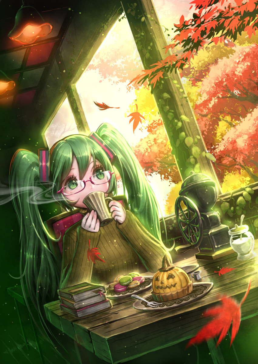 1girl autumn_leaves blurry blush book book_stack bookmark coffee_grinder cup depth_of_field dutch_angle fork glasses green_eyes green_hair hair_between_eyes halloween hat hata_(pixiv4102938) hatsune_miku highres jack-o'-lantern leaf long_hair looking_away macaron maple_leaf mug pink-framed_eyewear plant plate ribbed_sweater semi-rimless_glasses sitting sleeves_past_wrists solo spoon steam sweater twintails under-rim_glasses very_long_hair vines vocaloid witch_hat