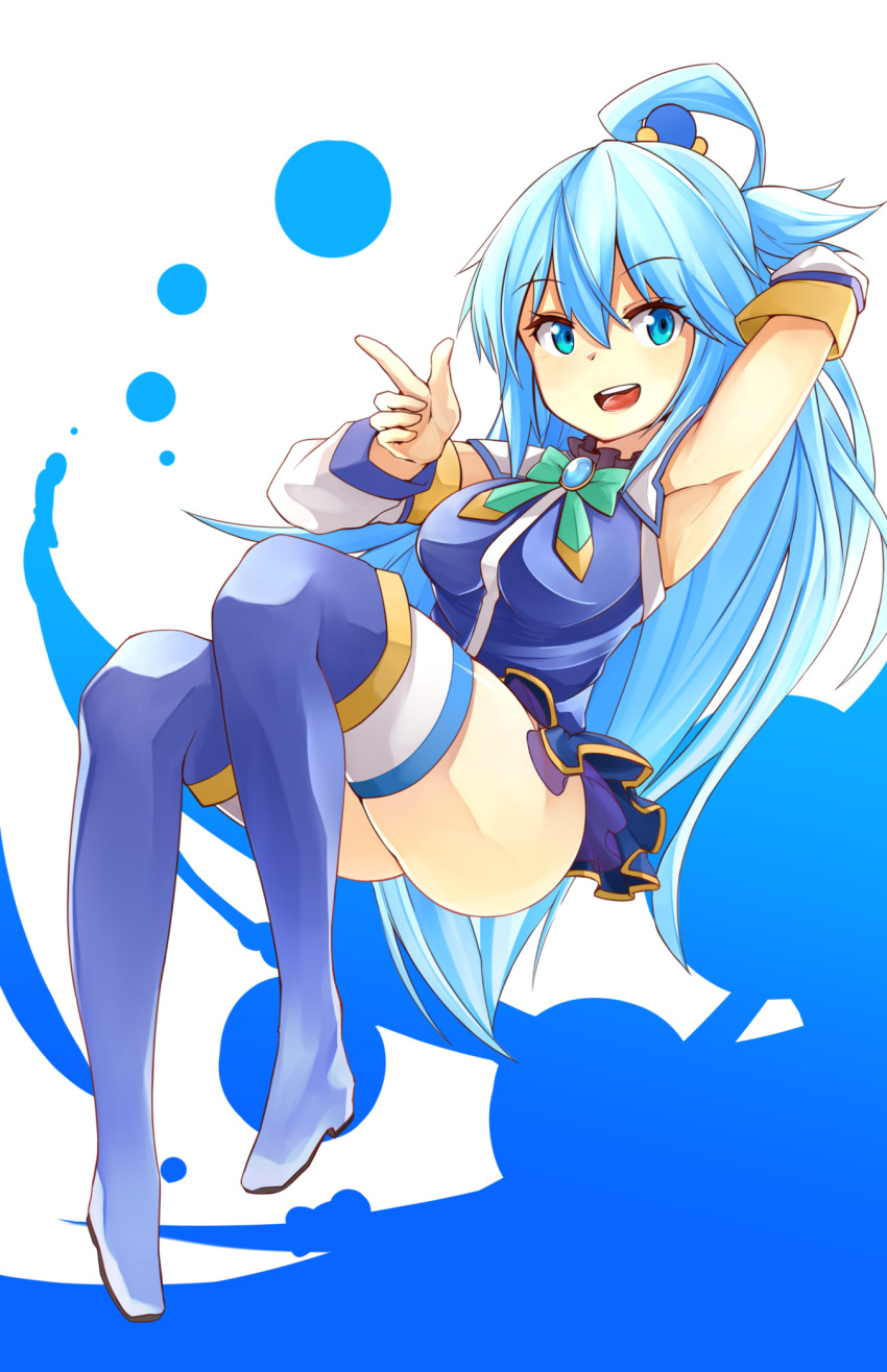 1girl :d aqua_(konosuba) arm_behind_head arm_up armpits bare_shoulders blue_eyes blue_hair blue_legwear bow bowtie breasts brooch detached_sleeves elusya full_body green_bow green_bowtie hair_ornament hair_rings highres index_finger_raised jewelry kono_subarashii_sekai_ni_shukufuku_wo! long_hair looking_at_viewer medium_breasts no_panties open_mouth smile solo thigh-highs very_long_hair