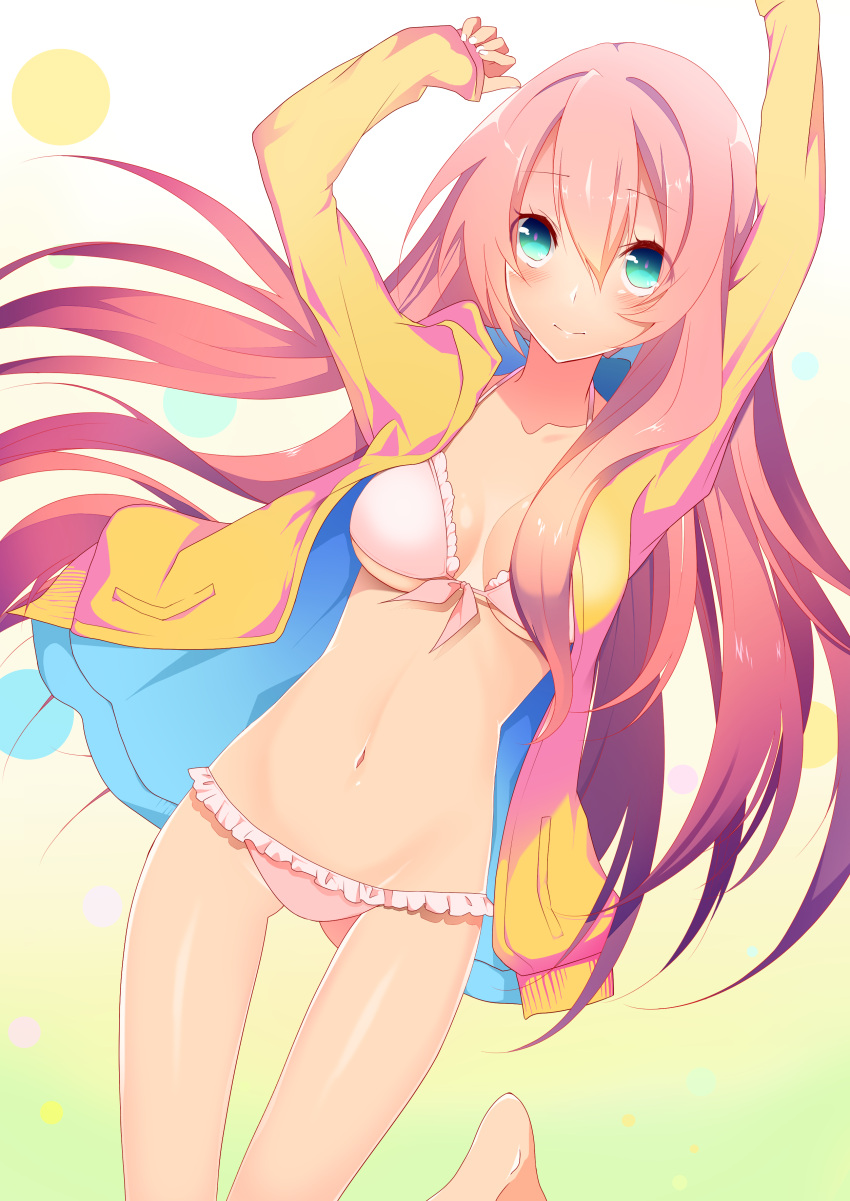 1girl absurdres arms_up barefoot bikini blue_eyes breasts cleavage collarbone eyebrows eyebrows_visible_through_hair frilled_bikini frills front-tie_bikini front-tie_top groin hair_between_eyes highres jacket long_hair looking_at_viewer medium_breasts megurine_luka navel one_leg_raised open_clothes open_jacket pink_bikini pink_hair shiny shiny_skin solo swimsuit temari_(deae) under_boob vocaloid yellow_jacket