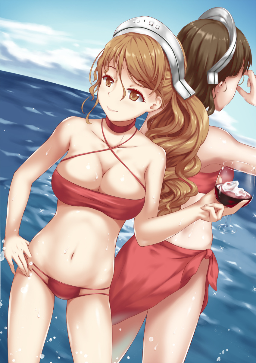 2girls adjusting_glasses alcohol back-to-back bd bikini breasts brown_eyes brown_hair cup drinking_glass dutch_angle glasses hand_on_hip highres kantai_collection large_breasts littorio_(kantai_collection) long_hair multiple_girls ocean pince-nez ponytail red_bikini roma_(kantai_collection) sarong short_hair swimsuit water wine wine_glass