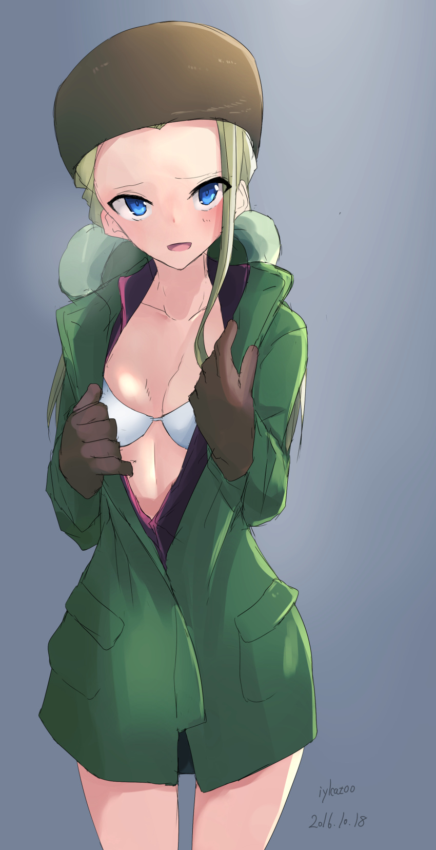 1girl absurdres artist_name blonde_hair blue_background blue_eyes blush bra breasts clara_(girls_und_panzer) cowboy_shot dated fur_hat girls_und_panzer gloves green_coat hat highres irukatto long_hair looking_at_viewer medium_breasts no_pants self_exposure signature simple_background sketch solo standing trench_coat underwear ushanka white_bra