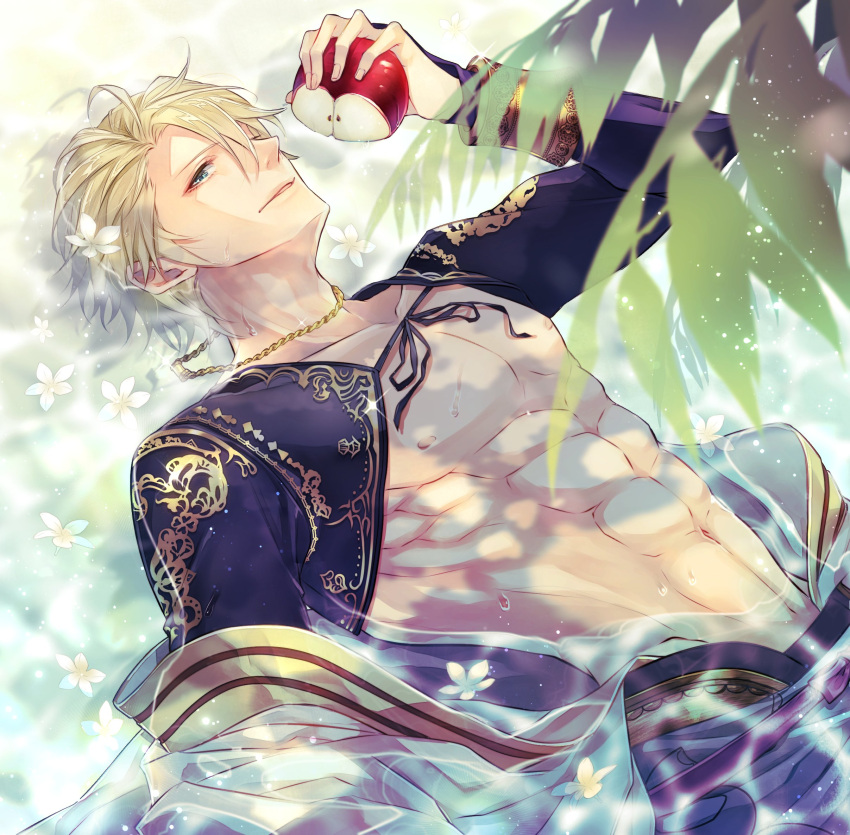 1boy abs aladdin_(sinoalice) apple bad_id bad_twitter_id bare_pectorals blonde_hair blue_eyes bridal_gauntlets exposed_muscle flower food fruit gold highres holding holding_food holding_fruit in_water jewelry looking_at_viewer lying male_focus nagatekkou necklace nipples npyon3 on_back pectorals ribbon short_hair sinoalice solo waist_cape wet white_flower