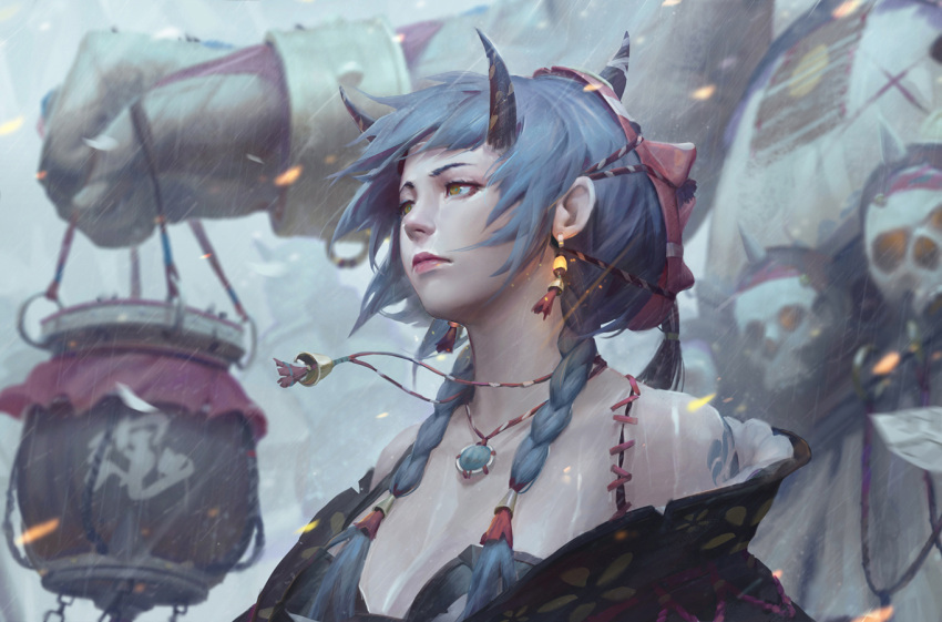 1boy 1girl blue_hair braid closed_mouth earrings eyebrows giant green_eyes guweiz holding horns jewelry lips nose original out_of_frame outstretched_arm size_difference skull solo_focus tattoo twin_braids upper_body