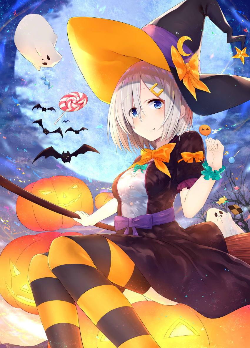 1girl absurdres akky_(akimi1127) alternate_costume bat black_dress blue_eyes breasts broom candy dress fang fang_out frilled_sleeves frills full_moon hair_over_one_eye halloween hamakaze_(kantai_collection) hat hat_ribbon highres jack-o'-lantern kantai_collection large_breasts looking_at_viewer moon night night_sky no_legwear outdoors pump ribbon short_dress short_hair silver_hair sitting sky striped striped_legwear thigh-highs witch_hat