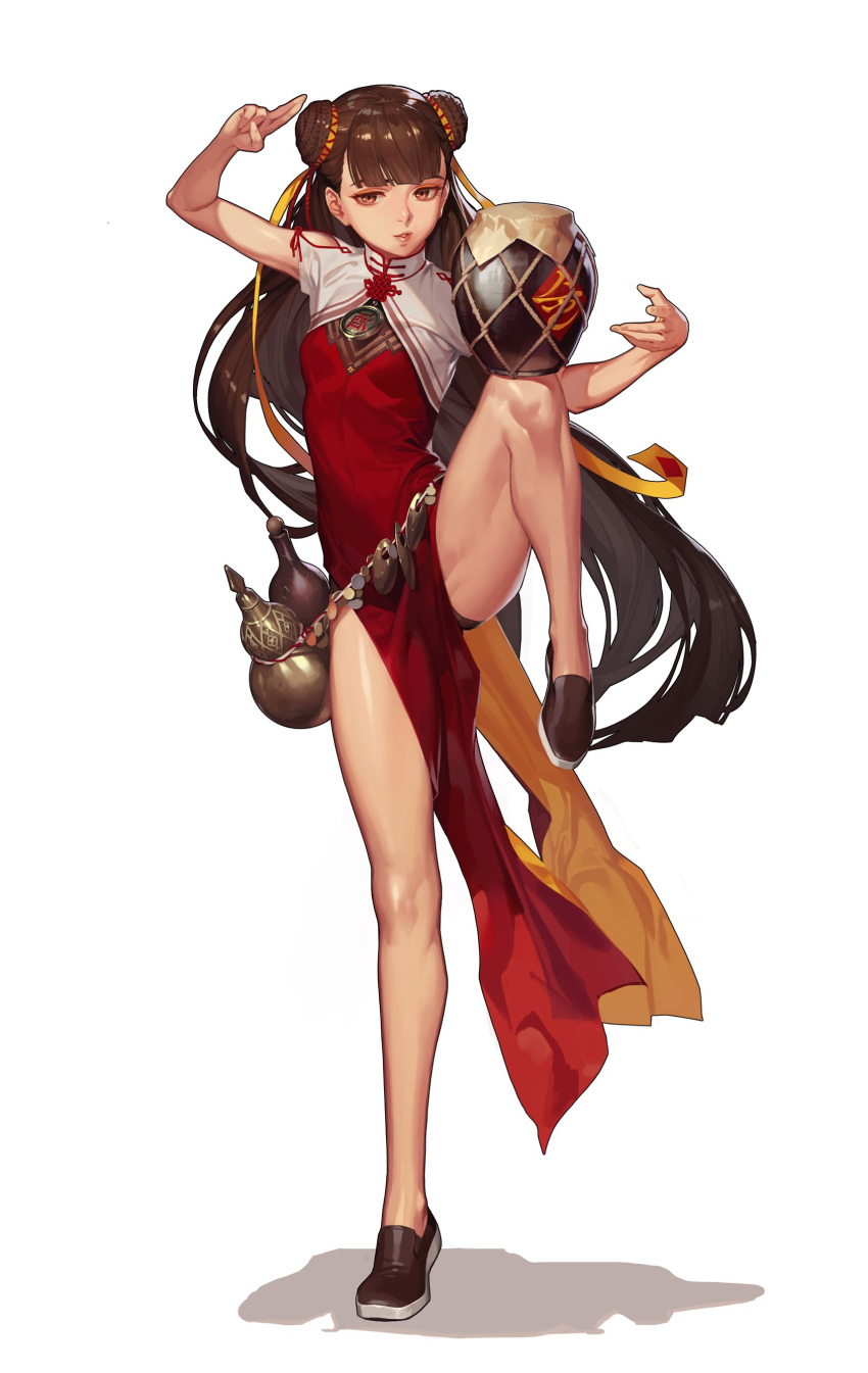 1girl absurdly_long_hair absurdres arm_up bangs bare_legs black_panties black_survival blunt_bangs brown_eyes brown_hair china_dress chinese_clothes double_bun dress full_body hair_ribbon highres leg_lift long_hair one_touch panties parted_lips red_dress ribbon short_sleeves side_slit simple_background slippers solo turtleneck underwear very_long_hair white_background