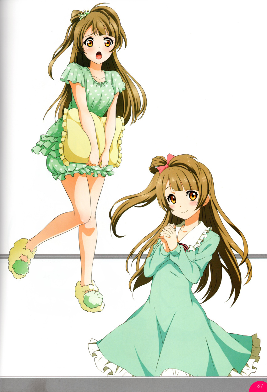 1girl absurdres bow brown_eyes brown_hair dress hair_bow highres holding_pillow interlocked_fingers long_hair looking_at_viewer love_live! love_live!_school_idol_festival love_live!_school_idol_project minami_kotori open_mouth pajamas pillow ribbon sandals scan short_sleeves simple_background smile white_background