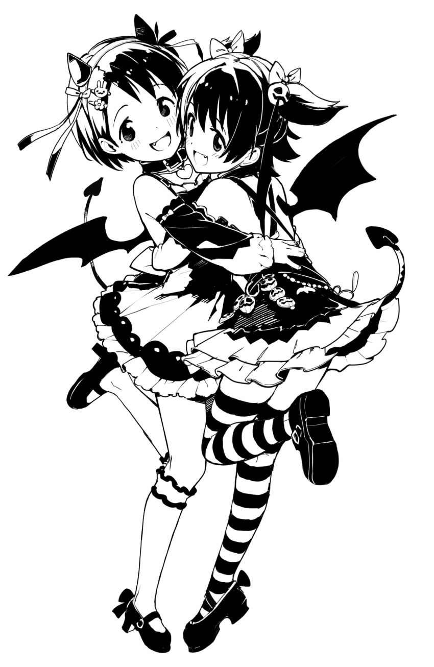 2girls :d akagi_miria demon_girl demon_horns demon_tail demon_wings detached_sleeves fang hair_ornament hairclip halloween highres horns hug idolmaster idolmaster_cinderella_girls kneehighs looking_at_viewer monochrome multiple_girls open_mouth sasaki_chie short_hair simple_background skirt smile striped striped_legwear tail teiryoku_lolita thigh-highs twintails two_side_up white_background wings