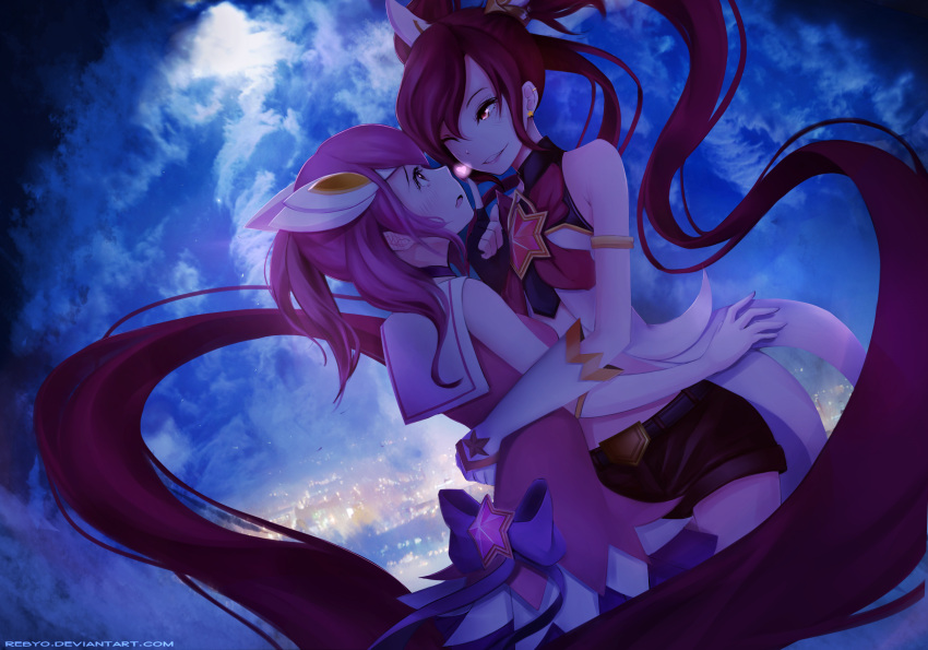 2girls blush gloves highres jinx_(league_of_legends) league_of_legends long_hair luxanna_crownguard multiple_girls open_mouth rebyo smile