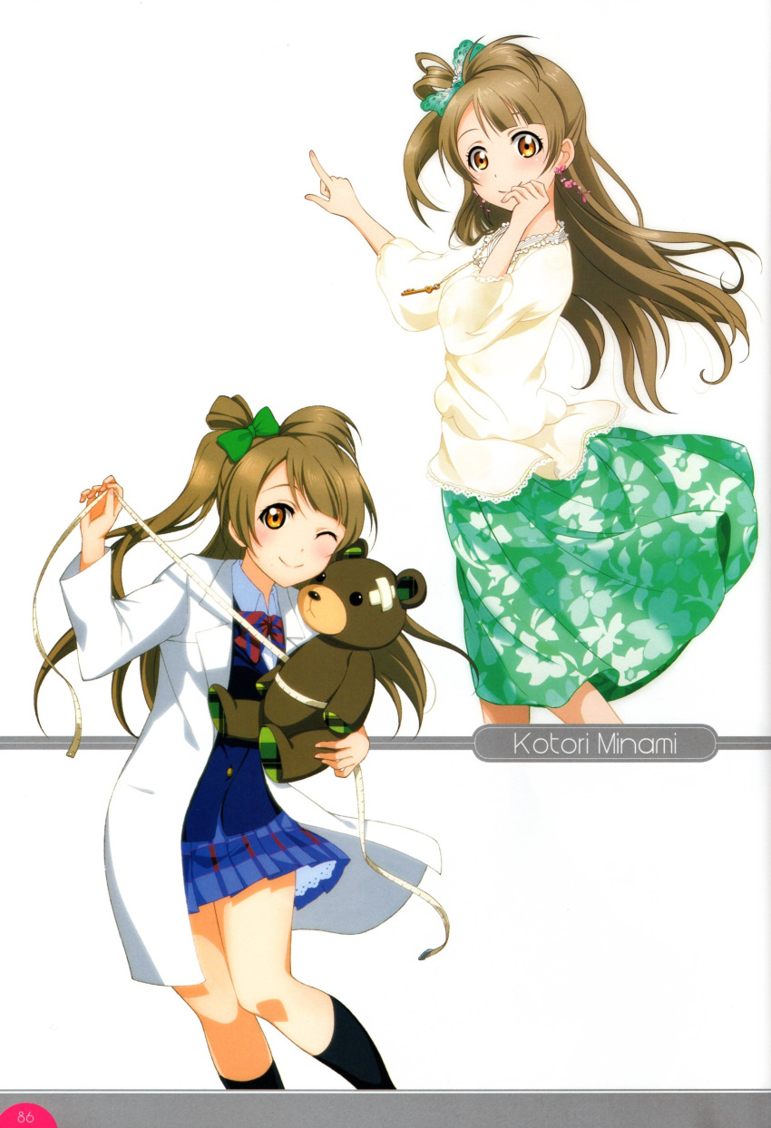 1girl absurdres blazer blush bow brown_eyes brown_hair earrings floral_print hair_bow highres jacket jewelry key labcoat long_hair looking_at_viewer love_live! love_live!_school_idol_festival love_live!_school_idol_project minami_kotori necklace one_eye_closed pleated_skirt ribbon scan school_uniform simple_background skirt stuffed_animal stuffed_toy teddy_bear white_background