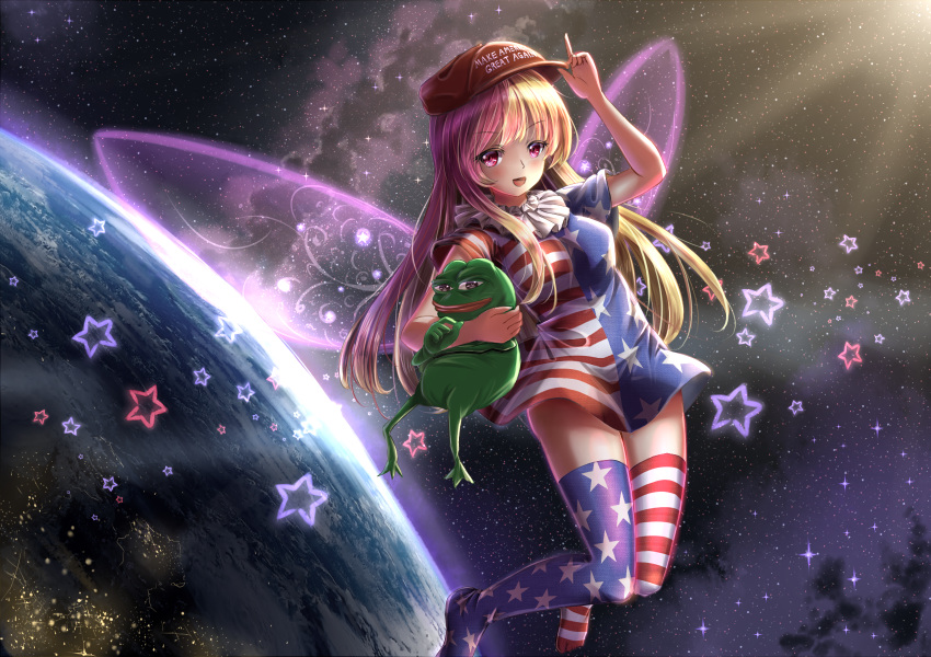1girl american_flag_dress american_flag_legwear blonde_hair boy's_club breasts city_lights clownpiece dress earth eyebrows eyebrows_visible_through_hair fairy_wings floating frog hat highres index_finger_raised light_rays lips long_hair looking_at_viewer make_america_great_again medium_breasts neck_ruff open_mouth pepe_the_frog pink_eyes planet red_hat short_dress short_sleeves smile solo space star star_(sky) star_print striped striped_dress striped_legwear sunbeam sunlight thigh-highs touhou wings