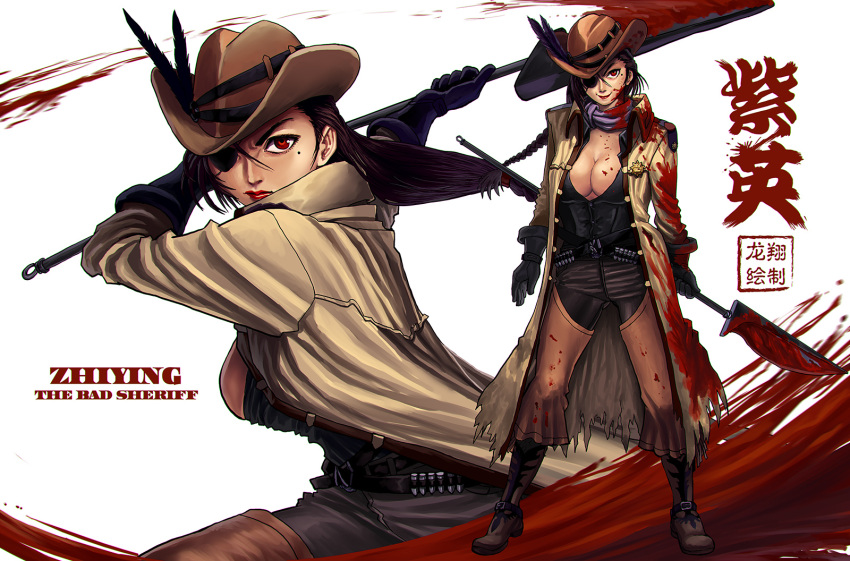 1girl alternate_costume ammunition_belt black_hair blood blood_on_face bloody_clothes bloody_weapon boots braid breasts chaps cleavage cowboy_boots cowboy_hat eyepatch glaive hat hat_feather highres large_breasts lipstick long_hair makeup mole mole_under_eye neckerchief no_bra original polearm red_eyes ryu_shou sheriff sheriff_badge single_braid solo tan the_chronicle_of_black_phoenix trench_coat weapon yan_zhi_ying