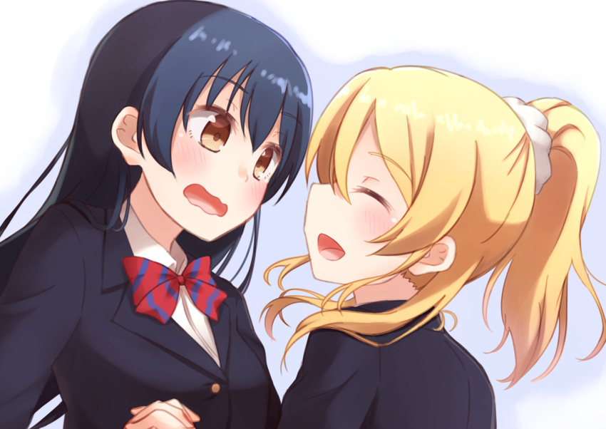 2girls :d ayase_eli blonde_hair blue_hair blush bow bowtie brown_eyes closed_eyes eyebrows eyebrows_visible_through_hair from_side hair_ornament hair_scrunchie highres holding_hands interlocked_fingers jacket kapatarou long_hair long_sleeves looking_at_another love_live! love_live!_school_idol_project multiple_girls open_mouth ponytail profile school_uniform scrunchie simple_background smile sonoda_umi striped striped_bow striped_bowtie upper_body wavy_mouth wing_collar yuri
