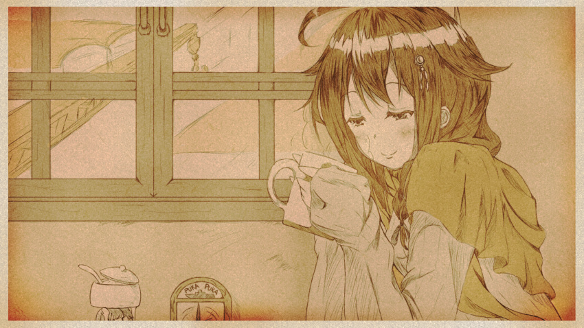 1girl ahoge arms_up blush border braid closed_mouth crane cup fairy_(kantai_collection) from_side hair_ornament hair_over_shoulder highres holding kantai_collection long_hair monochrome mug sepia shigure_(kantai_collection) sitting sketch sleeping smile steam warabe_(waraghi) |_|
