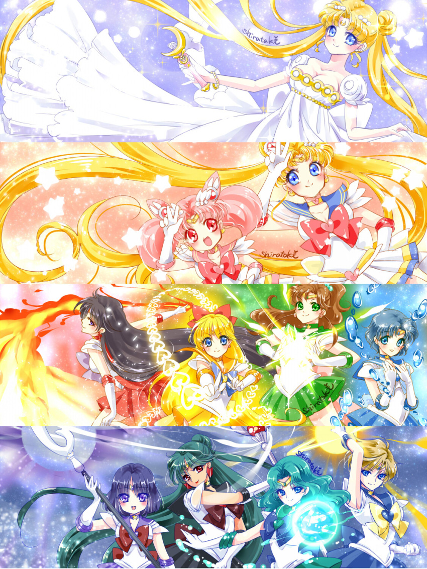 6+girls :d aino_minako aqua_hair bishoujo_senshi_sailor_moon black_hair black_skirt blonde_hair blue_background blue_bow blue_eyes blush bow brooch brown_bow brown_hair chibi_usa choker cowboy_shot crescent double_bun dress dual_persona earrings elbow_gloves facial_mark fire forehead_mark gloves green_eyes green_hair green_skirt hair_bobbles hair_bow hair_ornament hairpin highres hino_rei hydrokinesis jewelry kaiou_michiru kino_makoto light_particles long_hair looking_at_viewer magical_girl meiou_setsuna mizuno_ami moon_stick multicolored_background multicolored_skirt multiple_girls open_mouth orange_skirt pink_background pink_bow pink_hair pleated_skirt ponytail princess_serenity purple_bow purple_skirt pyrokinesis red_bow red_eyes red_skirt sailor_chibi_moon sailor_collar sailor_jupiter sailor_mars sailor_mercury sailor_moon sailor_neptune sailor_pluto sailor_saturn sailor_senshi sailor_uranus sailor_venus shirataki_kaiseki short_hair signature silence_glaive skirt smile star star_earrings super_sailor_chibi_moon super_sailor_jupiter super_sailor_mars super_sailor_mercury super_sailor_moon super_sailor_neptune super_sailor_pluto super_sailor_saturn super_sailor_uranus super_sailor_venus ten'ou_haruka tiara time_staff tomoe_hotaru tsukino_usagi twintails v violet_eyes water wavy_hair white_dress white_gloves yellow_bow