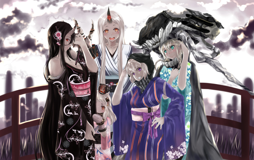 5girls :d absurdres alternate_costume aqua_eyes battleship_hime black_hair breasts claws cleavage clouds cloudy_sky enemy_aircraft_(kantai_collection) grin hair_ornament hand_on_hip headgear height_difference highres horns japanese_clothes kantai_collection kimono long_hair mittens multiple_girls nodokana_yuki northern_ocean_hime open_mouth orange_eyes peeking_out re-class_battleship red_eyes salute scarf seaport_hime shinkaisei-kan short_hair silver_hair size_difference sky smile violet_eyes white_skin wo-class_aircraft_carrier yukata