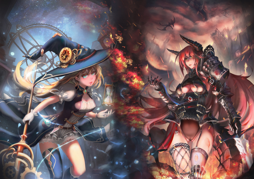 2girls ass_visible_through_thighs blonde_hair blood bloody_tears blue_eyes blue_ribbon breasts chiwa_(tsugumisky) cleavage dragon dragon_girl dragon_horns dragon_tail embers fire frilled_sleeves frills garter_straps gauntlets gloves green_eyes hair_between_eyes hat highres holding holding_staff holding_sword holding_weapon horns hourglass leaning_forward long_hair medium_breasts mismatched_legwear multiple_girls original parted_lips puffy_short_sleeves puffy_sleeves redhead ribbon short_sleeves sky staff standing star_(sky) starry_sky sword tail thigh-highs underbust weapon white_gloves witch witch_hat