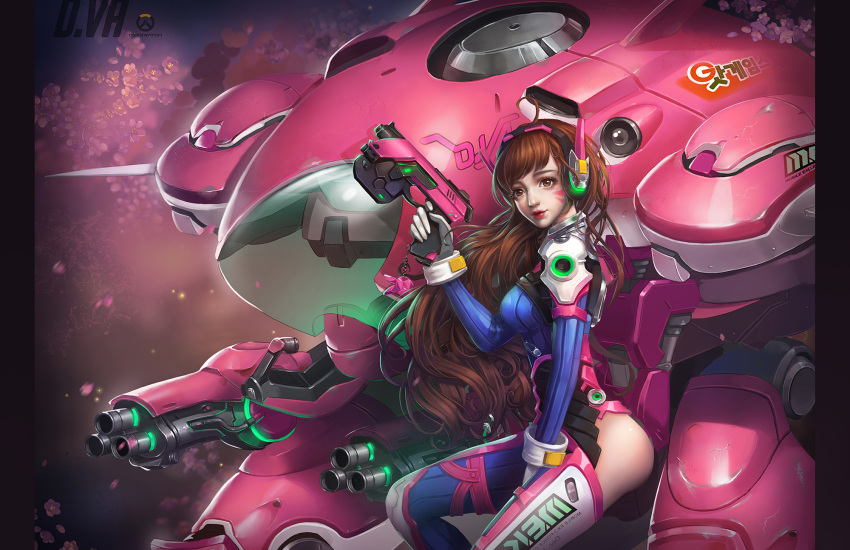 1girl arm_cannon artist_name ass bangs between_legs bodysuit boots bracer breasts brown_eyes brown_hair bunny_print character_name charm_(object) cherry_blossoms clothes_writing copyright_name d.va_(overwatch) emblem facepaint facial_mark gatling_gun gloves gun hand_between_legs hand_up handgun headphones headset highres holding holding_gun holding_weapon kaori_hero letterboxed lips lipstick logo long_hair long_sleeves makeup mecha medium_breasts meka_(overwatch) overwatch parted_lips pauldrons petals pilot_suit realistic red_lips red_lipstick ribbed_bodysuit shoulder_pads sitting skin_tight smile solo thigh-highs thigh_boots thigh_strap thrusters turtleneck weapon whisker_markings white_boots white_gloves white_legwear wind