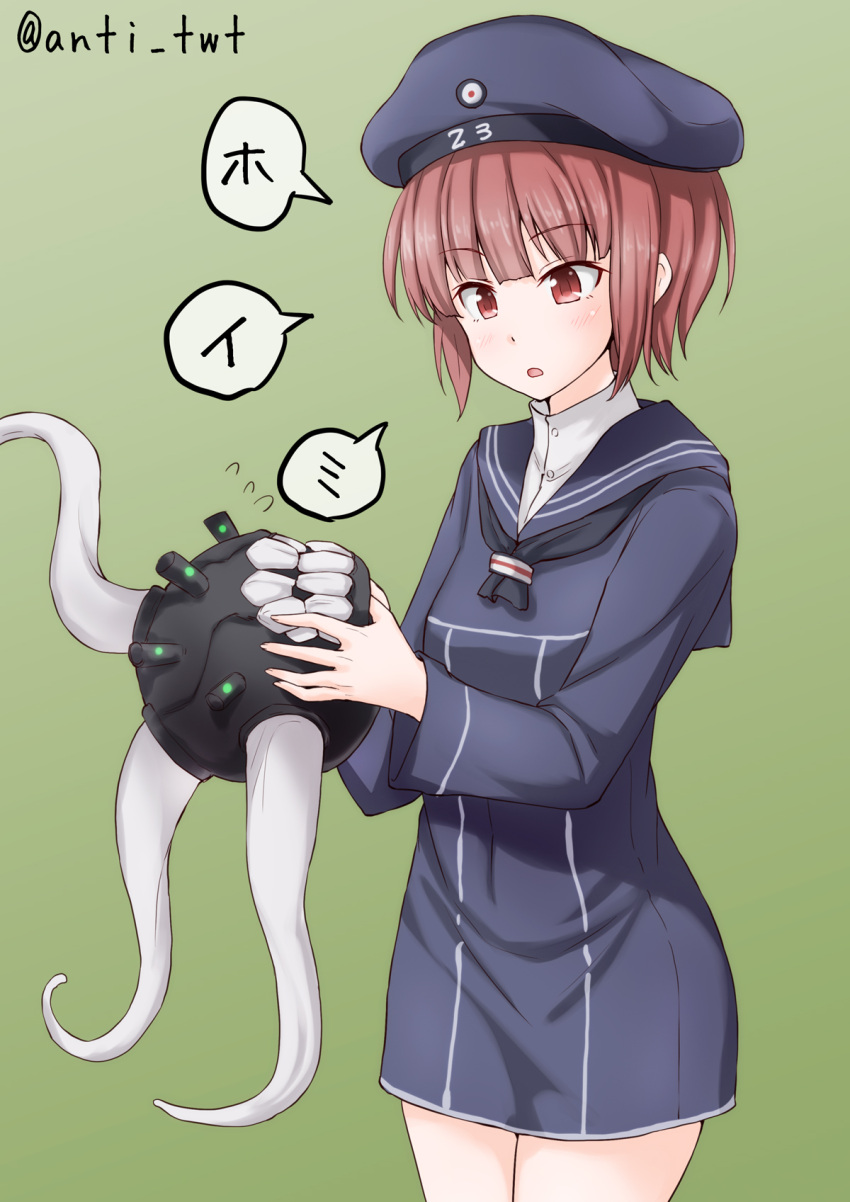 1girl anti_(untea9) auburn_hair clothes_writing commentary_request enemy_naval_mine_(kantai_collection) hat highres holding kantai_collection long_sleeves looking_at_another name_tag red_eyes sailor_collar sailor_hat shinkaisei-kan short_hair tentacles thigh_gap twitter_username z3_max_schultz_(kantai_collection)