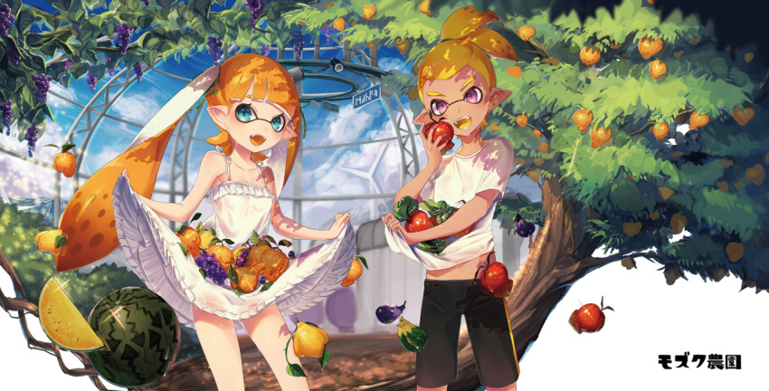 1boy 1girl dress fangs food fruit greenhouse inkling looking_at_viewer orange_hair plant shirt_hold skirt_hold smile splatoon sundress tentacle_hair tree twintails yu-ri_(arium_47)