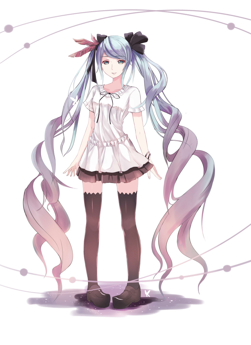 1girl absurdres alternate_costume black_ribbon blue_hair bracelet hatsune_miku highres jewelry long_hair mou_(piooooon) parted_lips pigeon-toed ribbon smile solo thigh-highs thighs twintails vocaloid white_background zettai_ryouiki