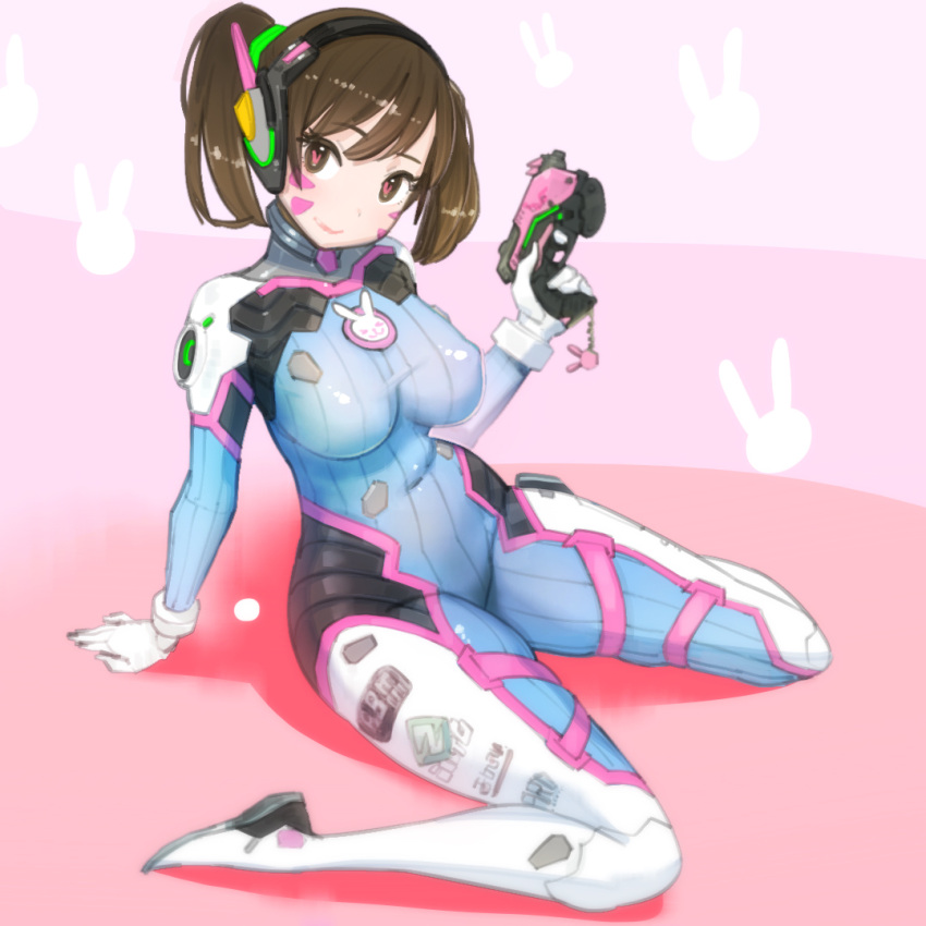 1girl alternate_breast_size alternate_hairstyle arm_at_side arm_support bangs bodysuit boots bracer breasts brown_hair bunny_print character_name charm_(object) closed_mouth covered_navel covered_nipples d.va_(overwatch) emblem eyebrows eyebrows_visible_through_hair facepaint facial_mark finger_on_trigger gloves gun hair_ornament hair_tie handgun head_tilt headphones heart heart-shaped_pupils holding holding_gun holding_weapon large_breasts lips lipstick logo long_hair long_sleeves makeup mecha overwatch pauldrons pilot_suit pink_crown pink_lips pink_lipstick ponytail ribbed_bodysuit shoulder_pads sitting skin_tight smile solo symbol-shaped_pupils thigh-highs thigh_boots thigh_strap turtleneck wariza weapon whisker_markings white_boots white_gloves