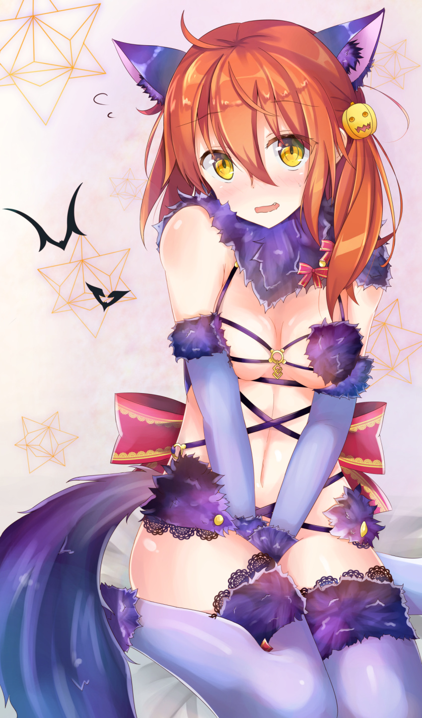 1girl ahoge animal_ears bat between_legs blush breasts breasts_apart eyebrows eyebrows_visible_through_hair fate/grand_order fate_(series) female_protagonist_(fate/grand_order) flying_sweatdrops fur fur_trim hair_between_eyes hand_between_legs head_tilt highres jack-o'-lantern_hair_ornament lace lace-trimmed_thighhighs long_hair looking_at_viewer medium_breasts moai21 nose_blush o-ring open_mouth orange_hair shielder_(fate/grand_order)_(cosplay) sitting solo sweatdrop tail thigh-highs wavy_mouth wolf_ears wolf_tail yellow_eyes