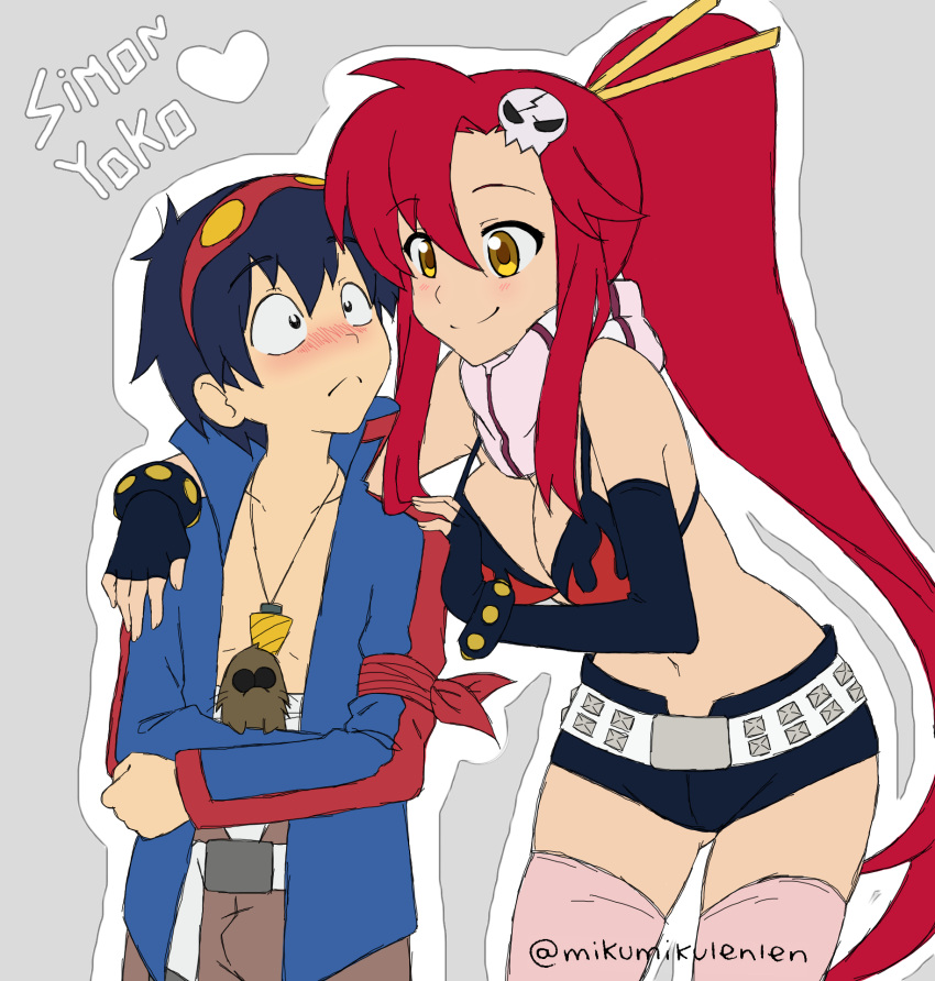 1boy 1girl ariamikukanzaki armband asymmetrical_gloves bare_shoulders belt bikini_top black_eyes blue_hair blush boota breasts character_name cleavage core_drill elbow_gloves embarrassed fingerless_gloves flame_print flat_color frown gloves goggles goggles_on_head grey_background hair_ornament hair_stick heart height_difference highres jacket jewelry large_breasts long_hair long_sleeves navel necklace outline pink_legwear ponytail redhead sarashi scarf short_hair short_shorts shorts sidelocks simon simple_background skull_hair_ornament smile studded_belt studded_bracelet tengen_toppa_gurren_lagann thigh-highs twitter_username yellow_eyes yoko_littner