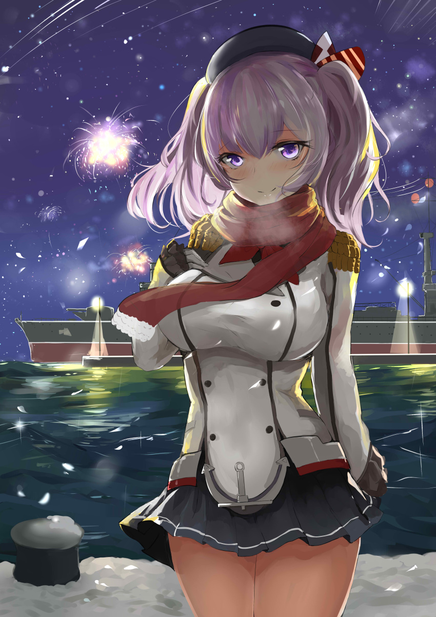 1girl absurdres anchor_symbol black_skirt eyebrows eyebrows_visible_through_hair fireworks gloves hat highres kantai_collection kashima_(kantai_collection) long_hair looking_at_viewer military military_uniform night outdoors pleated_skirt red_scarf scarf silver_hair skirt slm smile solo twintails uniform violet_eyes white_gloves