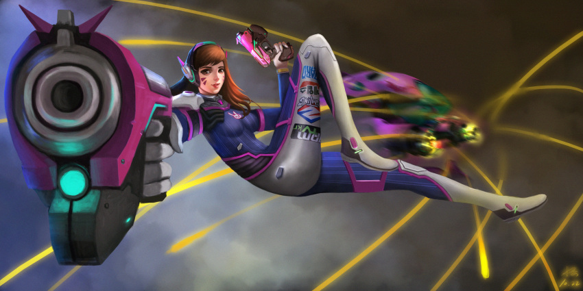 1girl 2016 absurdres bangs bodysuit boots bracer breasts brown_eyes brown_hair bunny_print canon character_name d.va_(overwatch) dated dual_wielding emblem facepaint facial_mark finger_on_trigger firing full_body gatling_gun gloves gun handgun headphones highres holding holding_gun holding_weapon lips lipstick logo long_hair long_sleeves makeup mecha medium_breasts meka_(overwatch) midriff overwatch parted_lips pauldrons pilot_suit pink_lips pink_lipstick pointing pointing_at_viewer ribbed_bodysuit shoulder_pads signature skin_tight smile solo swept_bangs thigh-highs thigh_boots thigh_strap turtleneck weapon whisker_markings white_boots white_gloves