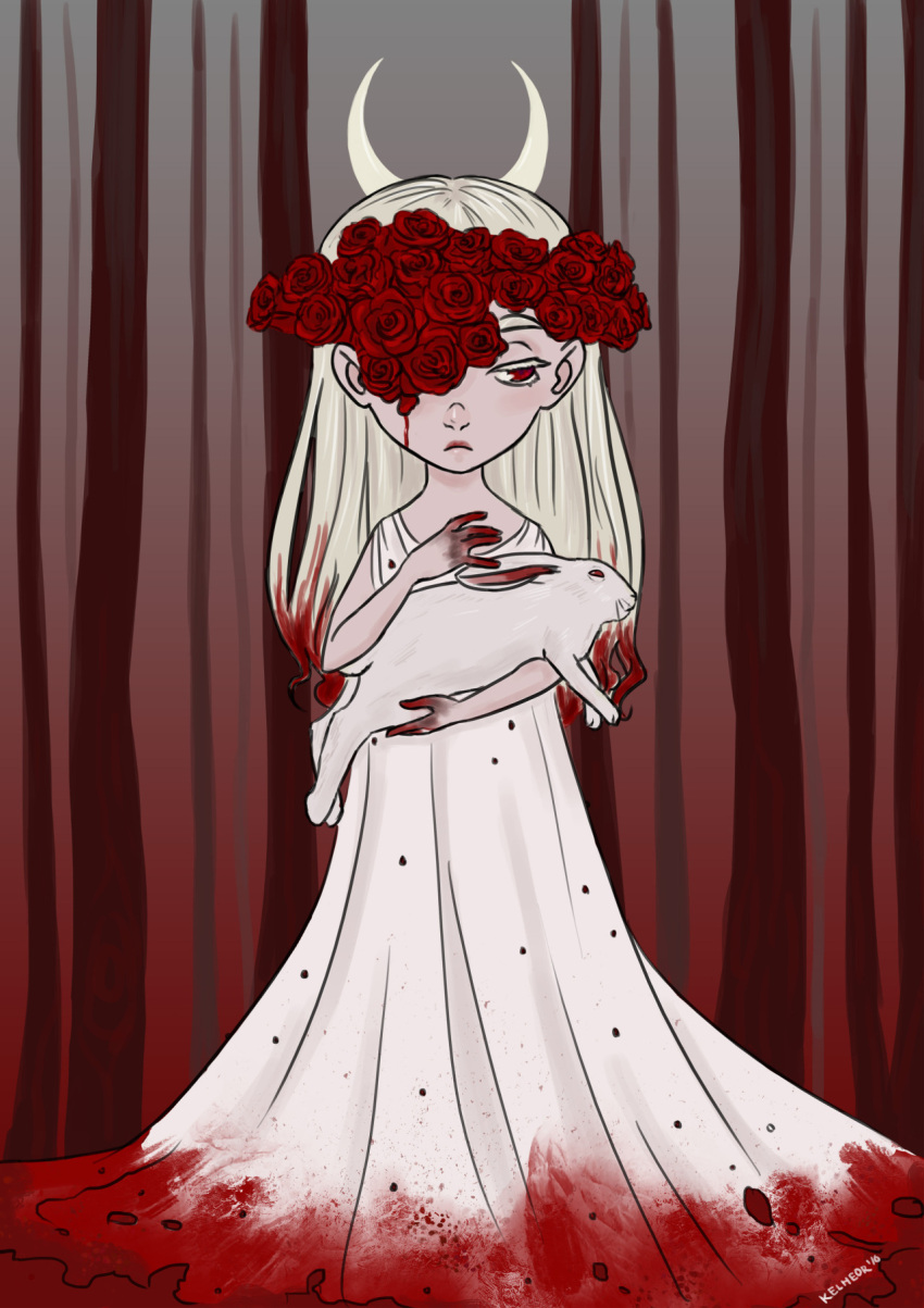 blood bloody_clothes eugenia_beilschmidt flower highres kelheor original red_eyes rose solo white_hair witch