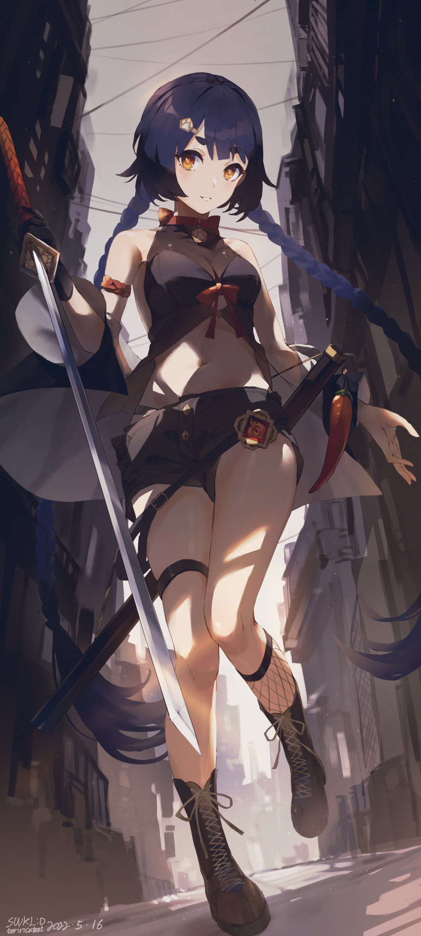 1girl absurdres bare_shoulders boots bow braid breasts from_above genshin_impact hair_ornament highres holding holding_weapon katana long_hair looking_at_viewer medium_breasts navel orange_eyes purple_hair red_bow shirt short_shorts shorts sleeveless sleeveless_shirt smile solo standing swkl:d sword weapon xiangling_(genshin_impact)