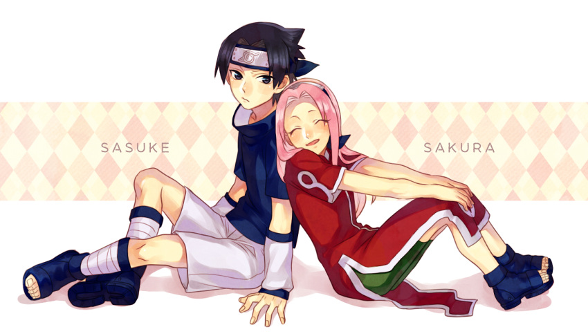 1boy 1girl argyle arm_support back-to-back barefoot_sandals black_hair center_part character_name closed_eyes forehead forehead_protector hands_on_own_knees haruno_sakura leaning_on_person long_hair naruto shorts sitting smile uchiha_sasuke white_shorts yuu-414