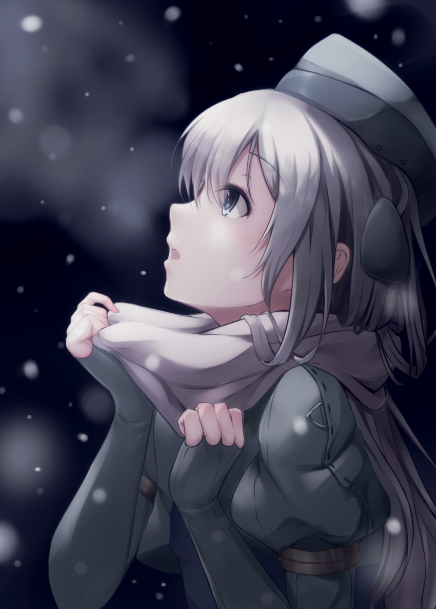 1girl bangs black_gloves blue_eyes breath cropped_jacket eyebrows eyebrows_visible_through_hair eyelashes from_side garrison_cap gloves hat highres kantai_collection long_hair looking_up nicoby profile scarf silver_hair snowing solo u-511_(kantai_collection) upper_body white_scarf winter