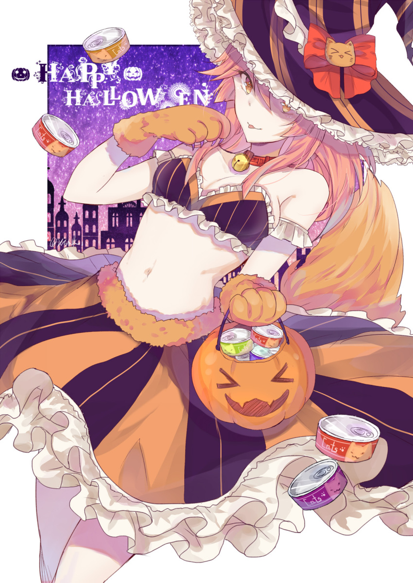 1girl bare_shoulders bell bell_choker bow choker claws commentary_request fate/grand_order fate_(series) gevjon halloween halloween_costume happy_halloween hat hat_bow highres long_hair looking_at_viewer midriff navel one_eye_covered pumpkin solo stomach tamamo_(fate)_(all) tamamo_cat_(fate) tongue tongue_out yellow_eyes