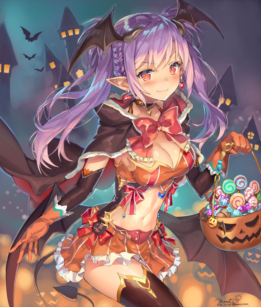 1girl bat bat_wings blush braid breasts candy cape castle cleavage demon_tail gloves halloween highres lollipop long_hair momoko_(momopoco) navel original pointy_ears pumpkin purple_hair red_eyes smile solo tail thigh-highs twintails wings