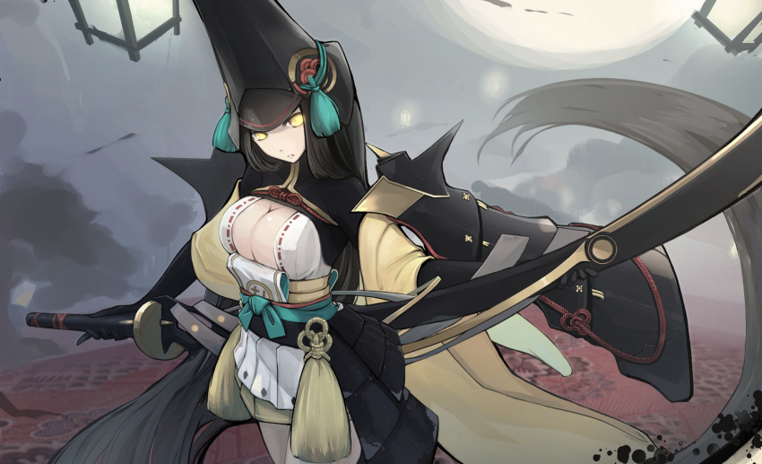 1girl black_hair breasts cleavage gloves hat highres inkblot kikivi long_hair onmyoji solo sword weapon yellow_eyes